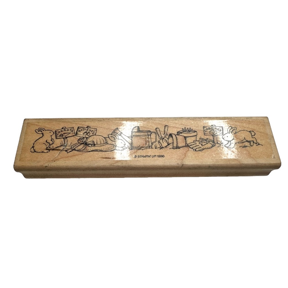 1996 Stampin Up Bunny Rabbit Gardening Easter Rubber Wood Block Stamp 6.5 X 1.5”